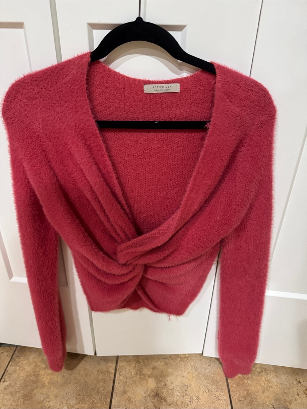 Active USA Fuzzy Twist-Front Off-Shoulder Sweater in Rose Pink